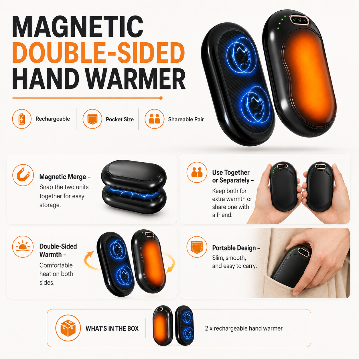 Electric Hand Warmer Rechargeable Magnetic Double Sided