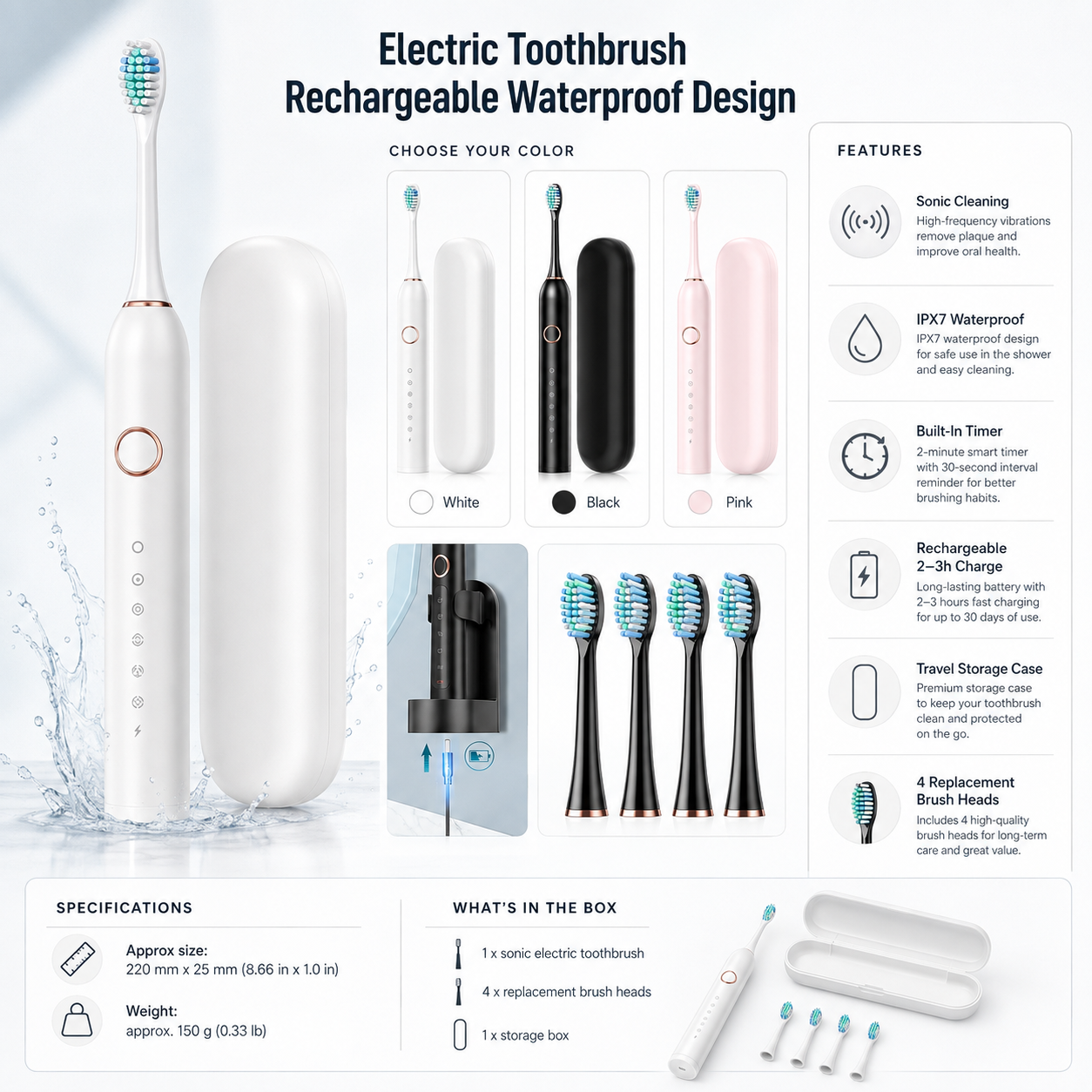 Electric Toothbrush Rechargeable Waterproof Design